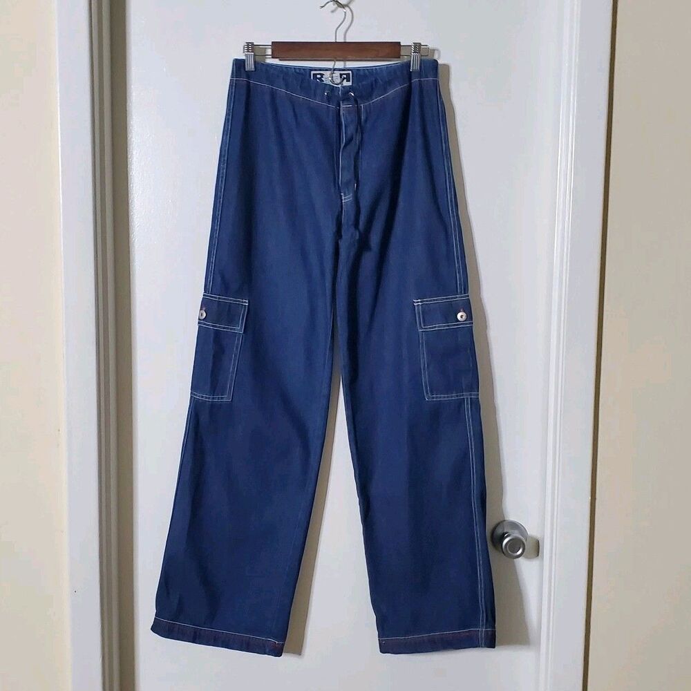 Vintage Rave 4 Real Cargo Jeans Size 7  Blue Y2K Baggy Utility Drawstring Womens